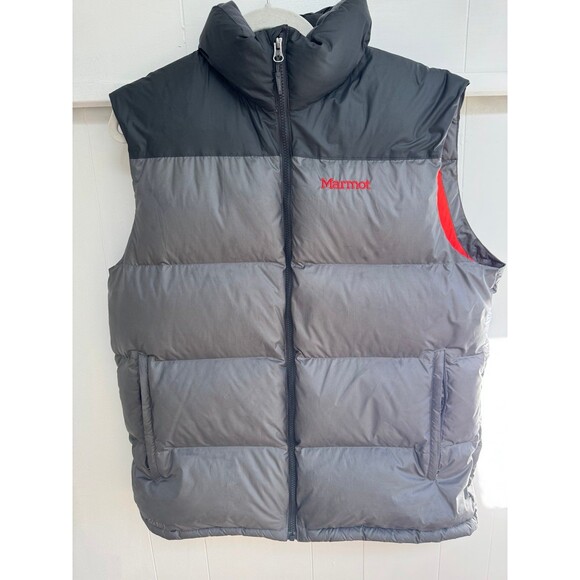 Marmot Guides Goose Down 650 Fill Puffer Vest Men’s Full Zip Grey Orange Large - Picture 1 of 8